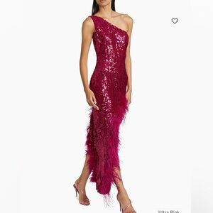 BNWT Lapointe sequin feather one shoulder midi dress size 0 in ultra pink